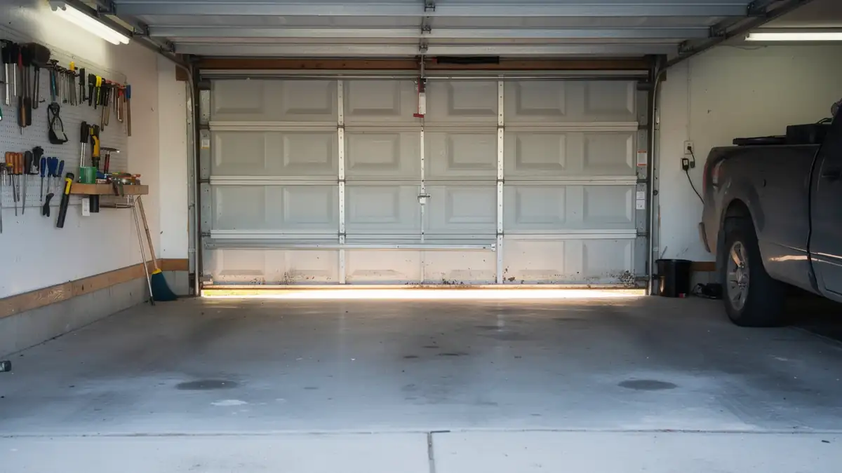 The white garage door is closed, with a truck parked on the right.