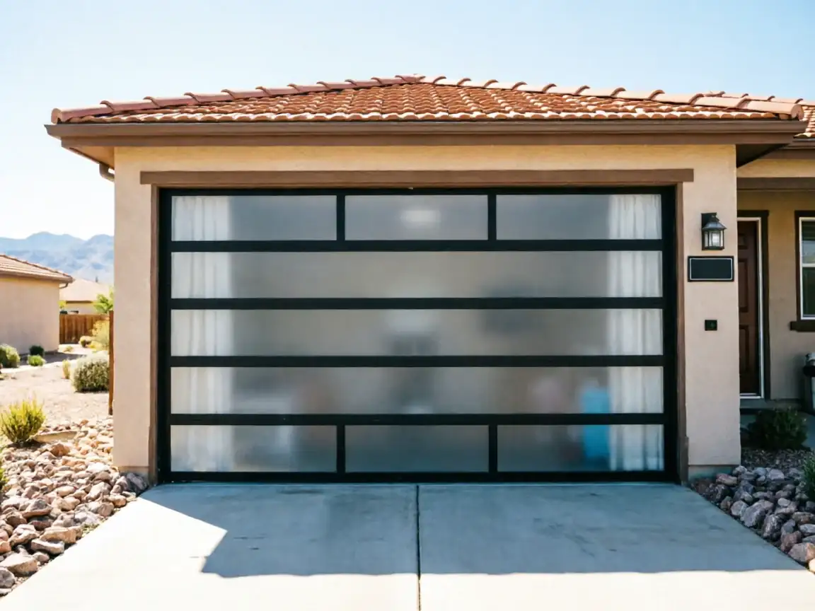 A modern garage door with frosted glass panels on a tan house.