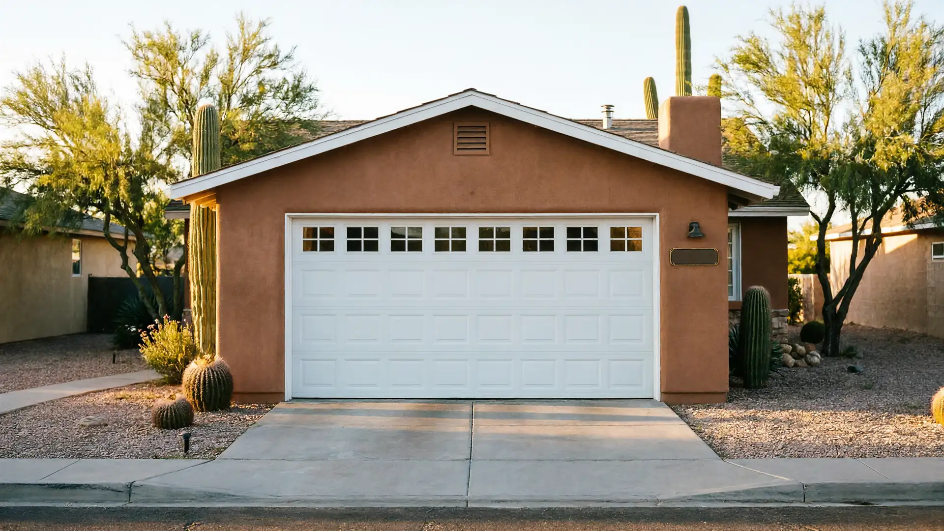 A brown house has a white garage door with windows and a concrete driveway.
