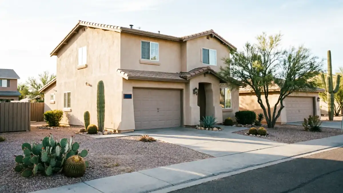 The house has two beige garage doors and desert landscaping.