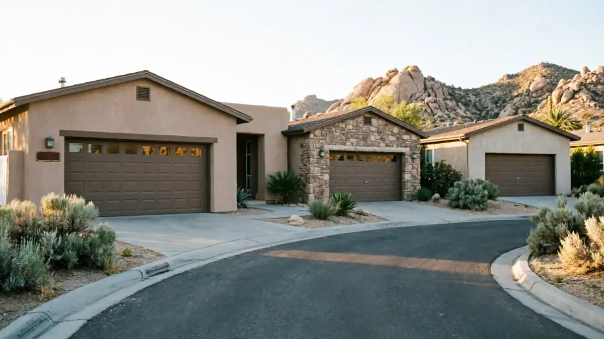 Three houses with brown garage doors line a curved street in a desert landscape.