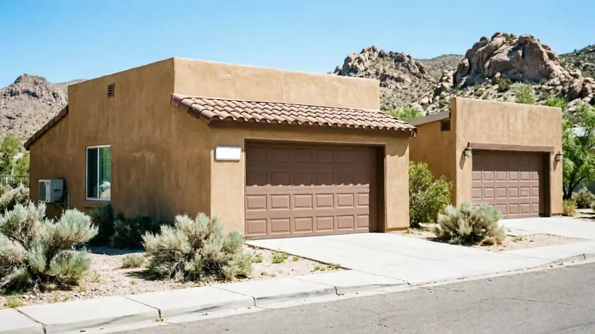 Two stucco houses with brown garage doors sit in front of rocky hills.