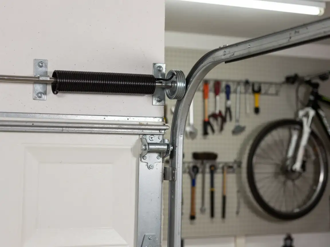 A black torsion spring is mounted above a white garage door.