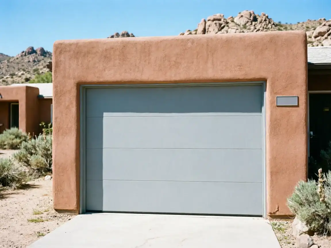 A light gray garage door is set into a terracotta stucco house.