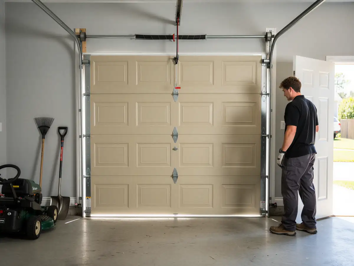A technician stands next to a closed beige garage door inside a garage.