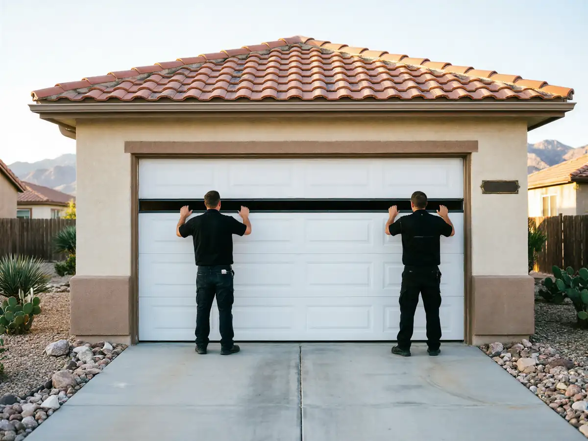 Two technicians are installing a white garage door on a tan house.